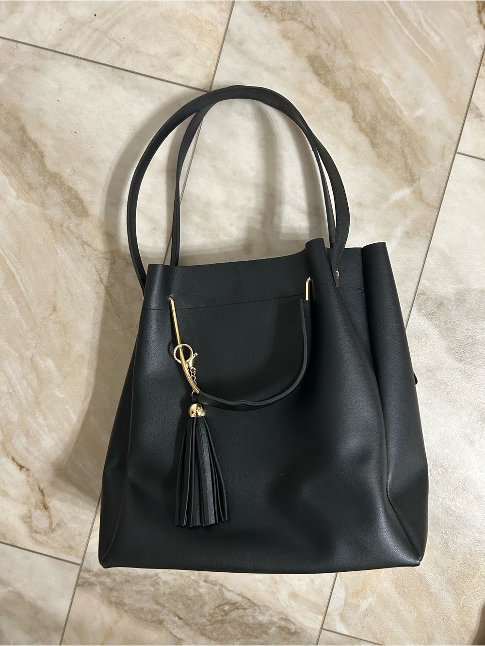 Black Tote Handbag with Tassel Accent